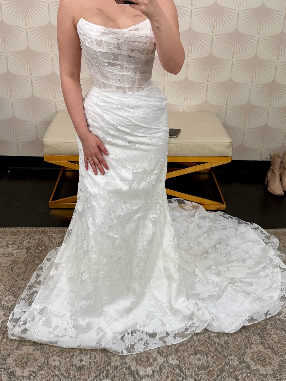 Maggie Sottero Strapless White Lace Wedding Dress with Subtle Floral Train